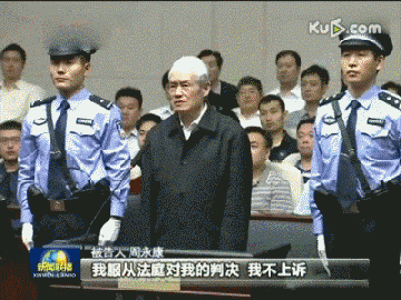 2015年6月11日，周永康一审被判无期徒刑。他平静地承认自己违法犯罪的事实，并表示不上诉。受审当天，有媒体评价周永康“神态疲惫，头发花白”。