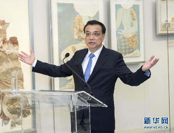 6月21日，国务院总理李克强与希腊总理萨马拉斯共同出席希腊伊拉克利翁博物馆新馆开馆仪式并发表讲话。 新华社记者 王晔 摄