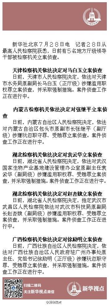 包头原副市长等5名地方厅级领导干部被立案侦查