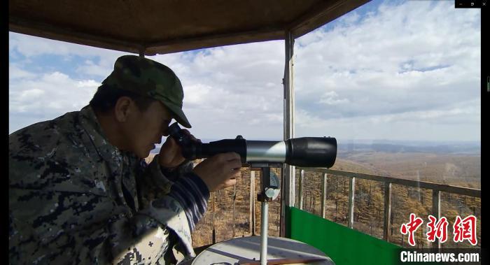 图为郑洪山上塔瞭望。　何康红 摄