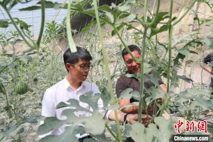 代东援与农户了解西瓜种植情况。　赵兴宽 摄