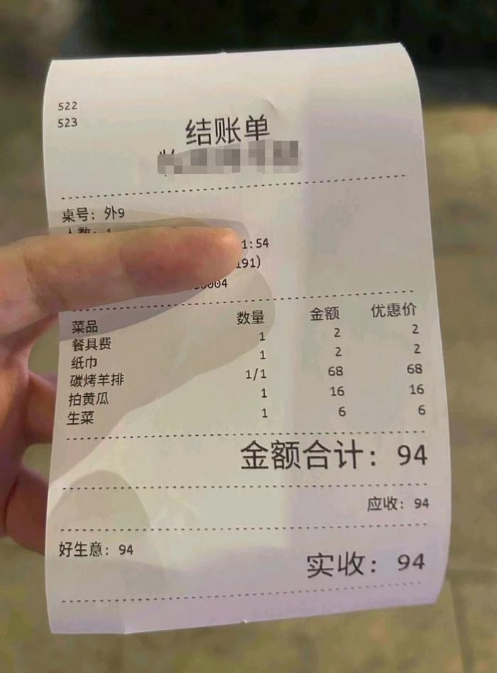 受访者提供的结账单。