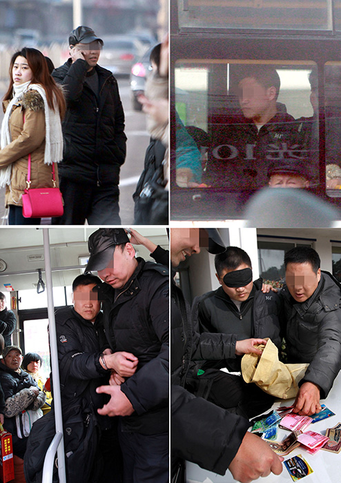 拼版照片：左上：反扒队员雷某（戴帽子者）在公交车站蹲守（1月16日摄）。右上：扒窃嫌疑人在公交车上（1月19日摄）。左下：反扒队员雷某（右）在扒窃嫌疑人行窃时将其当场抓获（1月19日摄）。右下：反扒队员在搜查扒窃嫌疑人（戴眼罩者）携带的背包（1月19日摄）。新华社记者 凡军 摄