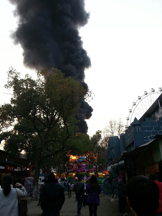 2月19日，湖南烈士公园事发现场。摇摆飞椅严重烧毁。