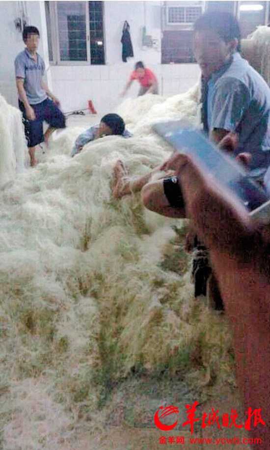 东莞米粉又“火”了！去年5月，东莞2.8吨镉超标米粉销往广州被媒体曝光。时隔一年，东莞米粉再次成为互联网上的热点话题。在刚刚过去的这个周末，一则主题为“东莞某米粉厂实拍照”的网帖在贴吧、微博、论坛等网络平台迅速传播，从画面看，这家作坊式的成品车间内，所有人都赤脚踩在随地堆放的米粉上，有人甚至躺在米粉堆中睡觉……网友直呼“难以直视”，称其“臭脚米粉”，呼吁东莞相关部门尽快核实线索，公布真相。