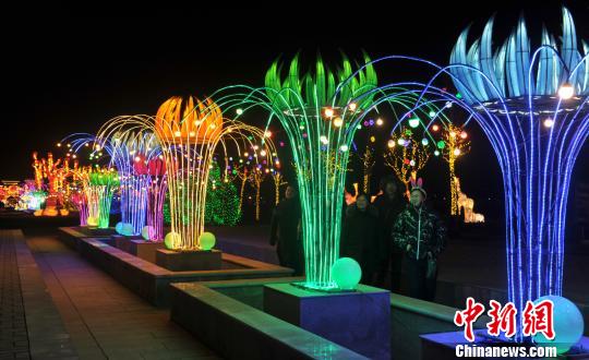 游客在吴桥杂技灯会彩灯前自拍。　苑立伟 摄