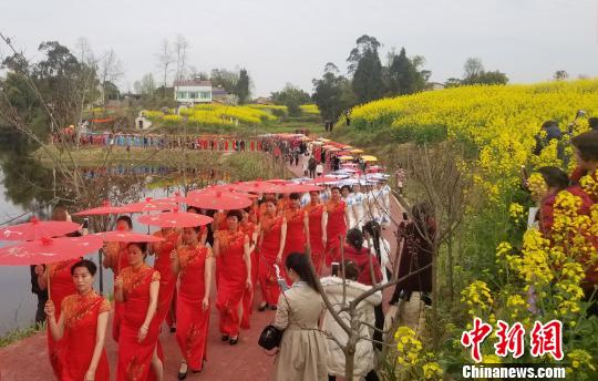 图为100余名重庆旗袍爱好者身着艳丽的服饰。　张路桥 摄