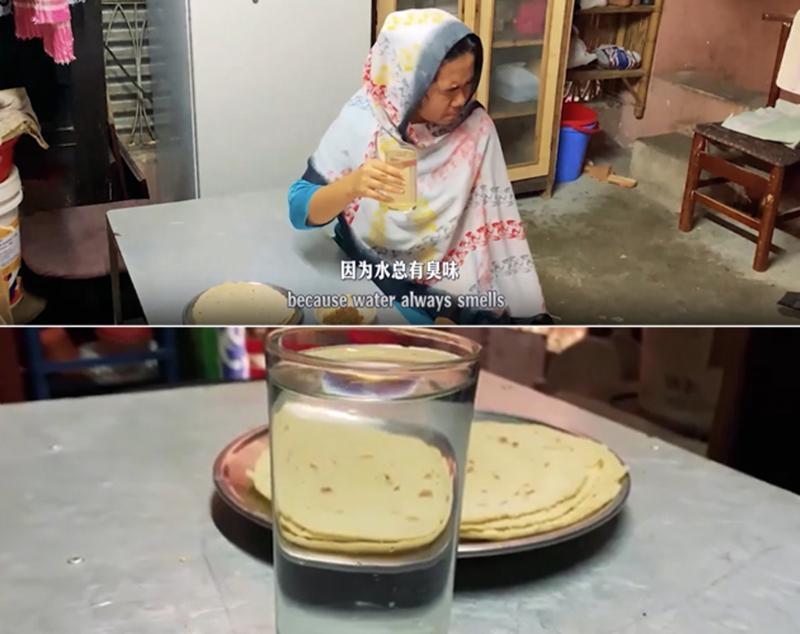 图为纪实短片截图:上图为水质未改善前,饮用水发黄浑浊;下图为水厂建成后,饮用水水质明显改善,清澈透明。